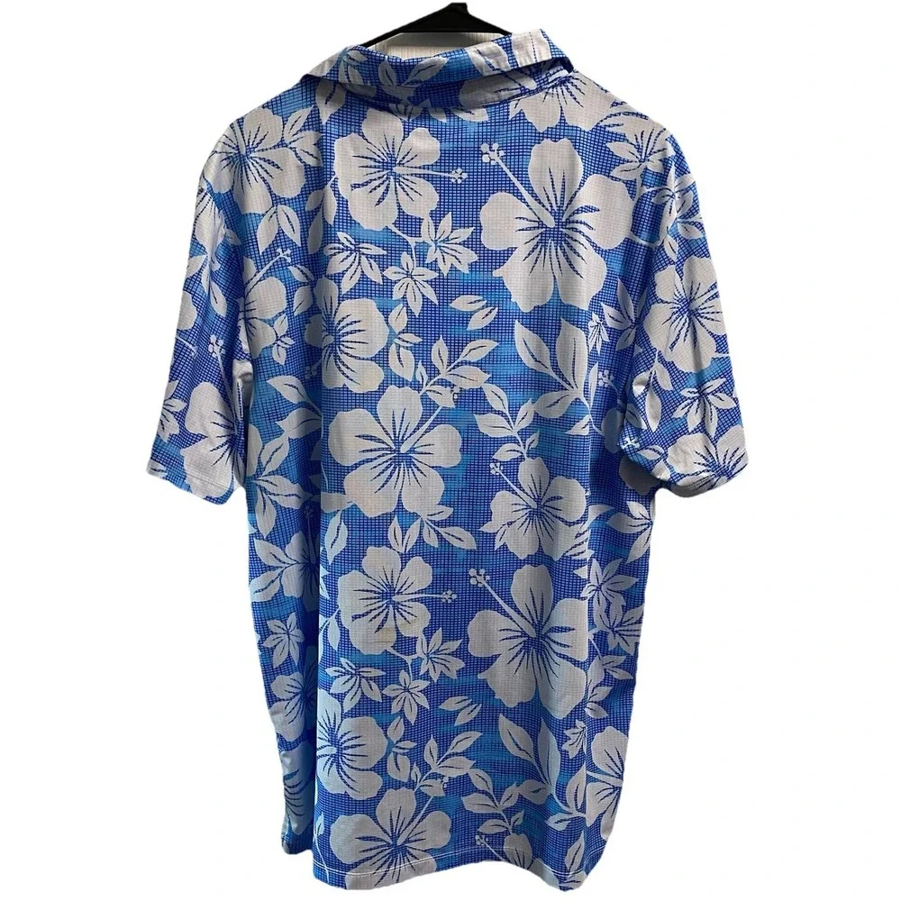 Yatta Golf Polo Men's Aloha Floral Blue&White Stretch Polo Hawaiian EUC L‎